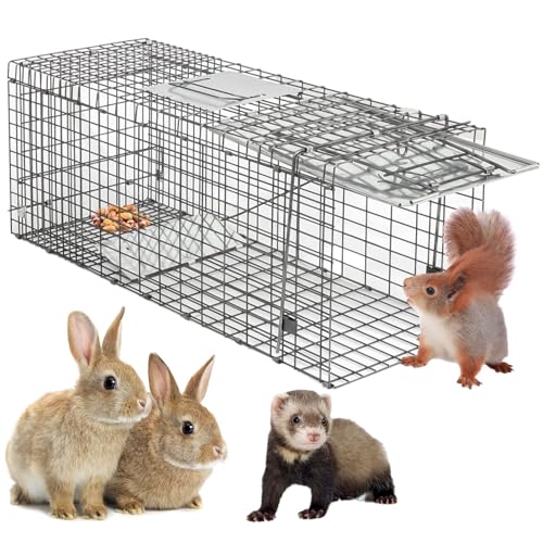 32 Inch Live Animal Cage Trap, One-Door Collapsible Catch and Release Humane Rodent Cage for Rabbits, Raccoon, Stray Cat, Squirrel, Mole, Gopher, Opossum, Skunk, Groundhog, Armadillos - style: 32" X 12" X 12.5" w/Iron Door