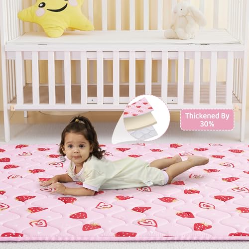 Viviland Baby Play Mats for Floor, Thicken Playmate for Baby and Toddlers Infants, 71" x 59" Playpen Mat, Non-Slip & Machine Washable - Pink Strawberry - color: Pink Strawberry, size: 71" X 59"