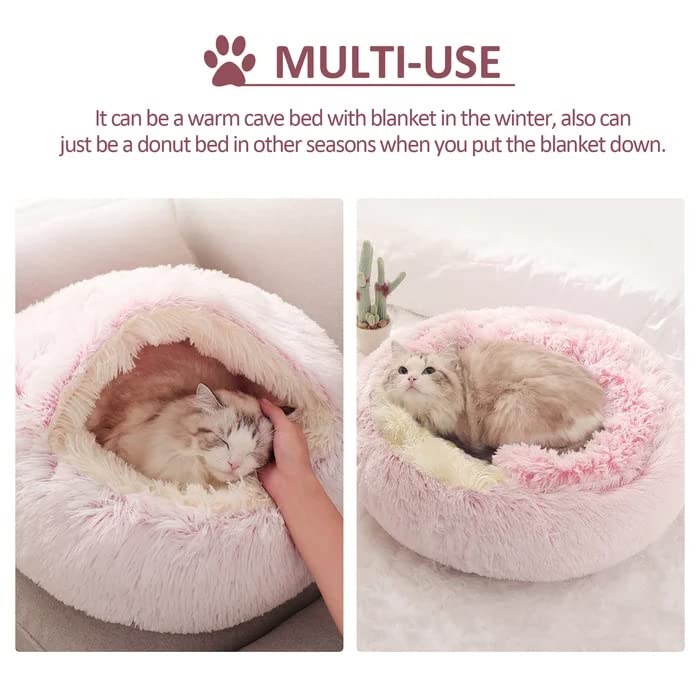 Round Fluffy Hooded Cat Bed Cave, Anti-Anxiety Cave Bed with Blanket | Hooded Cat Bed Cave, Cozy Cuddler Luxury Puppy Pet Bed, Anti-Slip Bottom and Machine Washable - color: Pink, size: Large