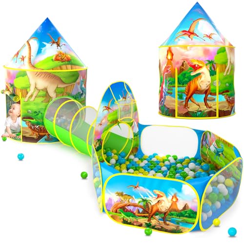 PigPigPen 3pc Dinosaur Play Tent for Kids, Baby Ball Pit, Crawl Tunnel, Castle Tents for Toddlers, Children Indoor & Outdoor Playhouse Toys, Perfect Kid’s Gifts - style: 3PC Dinosaur Tent