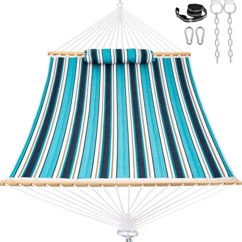 Lazy Daze 12 FT Sunbrella Quilted Hammock, Non-Fading Double Hammock | 2 Person Hammock with Pillow, Straps, Carabiners , All Weather Fade Resistant for Outside, Token Surfside - color: Token Surfside