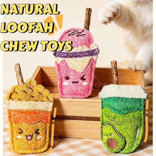 Natural Loofah Chew Cat Toys Janpanese Style, Dental Care Silvervine Sticks for Indoor Cats and Kittens, Milk Tea Cup-Shaped Catnip Treat Toys (Green) - color: Green