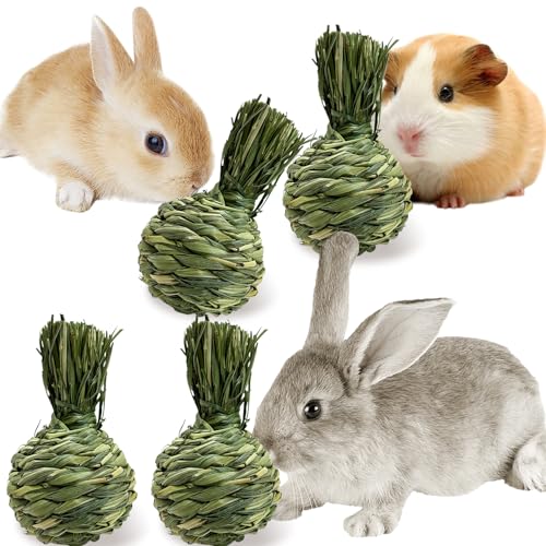Hamiledyi Rabbit Chew Ball Bunny Timothy Grass Ball Natural Woven Chewing Toys Small Animal Activity Play Balls Chew Toys for Bunny Rabbits Hamster Guinea Pigs Chinchilla Gerbils 4PCS - style: Apple 4 PCS