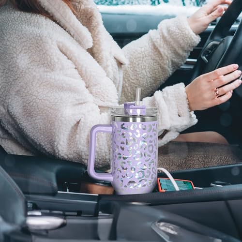 40 oz Tumbler with Handle and Straw, 100% Leak-Proof Travel Mug, Stainless Steel Double Wall Vacuum Insulated Coffee Cup Keeps Cold For 34 Hours, Dishwasher Safe, Lavender Leopard - color: Lavender Leopard