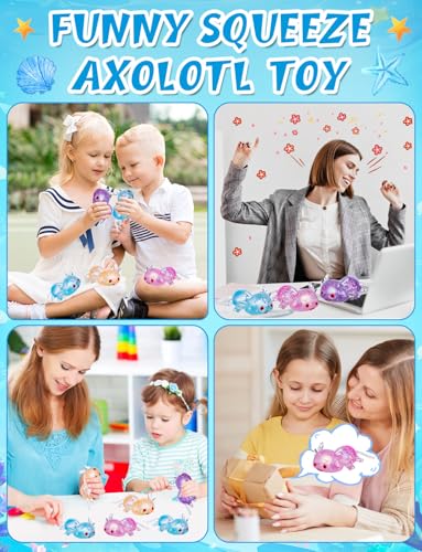 4PCS Glitter Axolotl Stress Relief Ball 4 Colors Axolotl Sensory Fidget Toy | Cute Axolotls Toys for Adults Kids, Soothing Classroom Office Birthday Party Gift (4 Colors) - style: 4PCS (New Glitter)