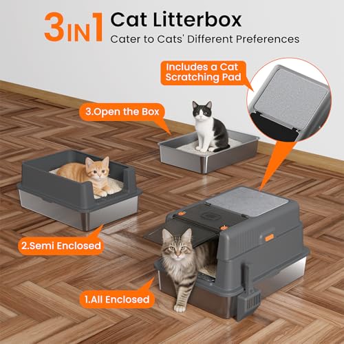 XXXXL Stainless Steel Litter Box with Lid,28.0" L × 20" W × 17" H Extra Large High Sided Cat Litter Box for Multi -Cats,Enclosed Metal Litter Box with Cat Scratcher and Scoop,Dark Gray