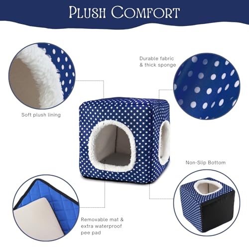 Guinea Pig Hideout with 2 Removable Mat, Two Entrances, Dwarf Rabbit Bed, Washable Bunny House, Small Pet Accessories Blue Dot - color: Blue