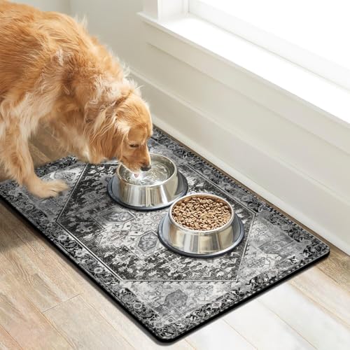 Dog Food Mats for Floors, Absorbent Dog Bowl Mat for Food and Water Dispenser Mat, Quick Dry Cat Food Mat Pet Supplies - color: Black, size: S(12"×20")
