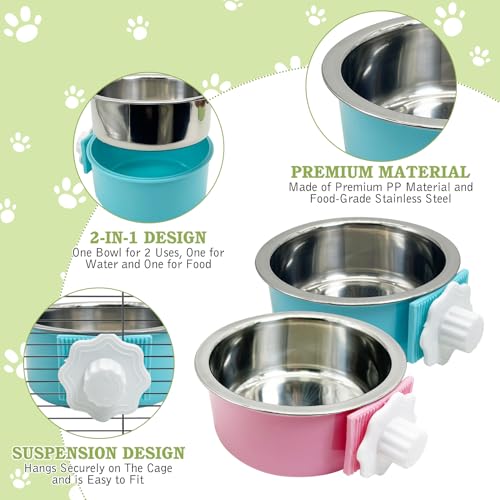Tfwadmx 4 Pcs Crate Dog Bowl Cat Removable Stainless Steel Food and Water Feeder Hanging Cage Bowls Coop Cup with Cleaning Set for Pet Puppy Bird Rat Guinea Pig Ferret Bunny Rabbit (Light Blue, Pink) - color: Light Blue, pink (4 PCS)