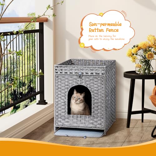 Snughome Cat Litter Box Enclosure Furniture Hidden with Cat Litter Mat, Hidden Cat Washroom Furniture with Door, Handwoven Rattan Cat Washroom Box, Indoor Pet House for Living Room, Bedroom(Grey) - color: Grey