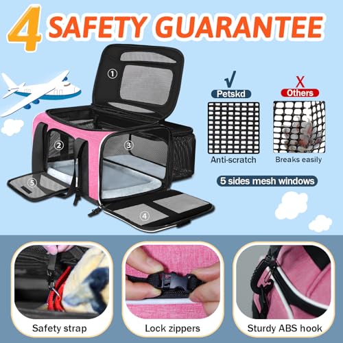 Top and Side Expandable Small Pet Carrier Airline Approved, Pink | 17"Lx11"Wx9.5"H, for Alaska Airlines, Pets Under 10 Lbs, Lockable Zippers,Soft-Sided, Anti-Scratch Mesh - color: Pink, size: 17.0"L x 11.0"W x 9.5"H