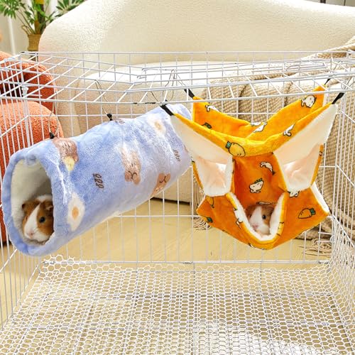 6 Pcs Rat Hammock Set Ferret Hanging Tunnel 3 Tier Guinea Pig Hammocks Hideout Soft Chinchilla Bed for Cage Accessories Hide,Play and Sleep (Sun,Bear) - color: Sun