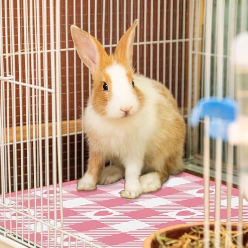 JarThenaAMCS 3 Pcs Checkered Guinea Pig Pee Pads 24 x 47 in Pink White Heart Reusable Bunny Squirrel Mat Washable Small Animal Cage Liner for Valentine's Day Rabbit Hamster Chinchilla Ferret Rat