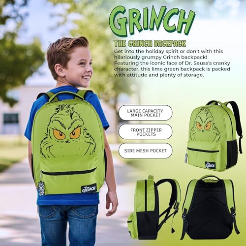 AI ACCESSORY INNOVATIONS Dr. Suess’s The Grinch Backpack for Boys & Girls Featuring a Big Face Grinch, 16”Bookbag w/Molded Nope Dangle, Green - style: Grinch Backpack