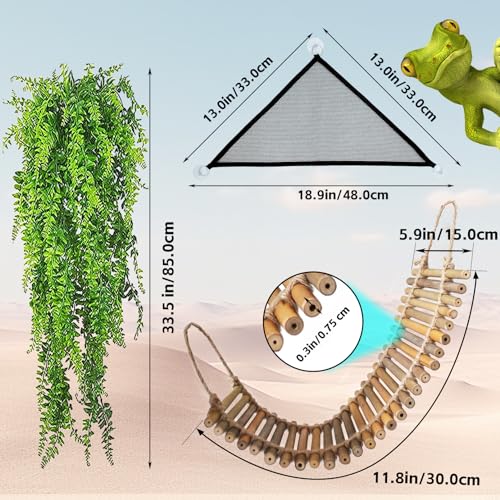 kathson Reptile Bridge for Terrarium,Bearded Dragon Wooden Bridges Gecko Hammock with Hanging Plants Lizard Lounger Bamboo Ladder Reptiles Tank Accessories Climbing for Chameleons Geckos Snakes (3Pcs) - size: Medium