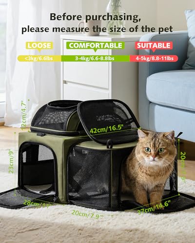 Pecute Top Expandable Airline Approved Pet Carrier for Cats, Dark Gray | Top side expandable, breathable scratch-resistant mesh, leakproof pee pad, locking zippers, foldable travel bag under 11lbs. - color: Olive Green