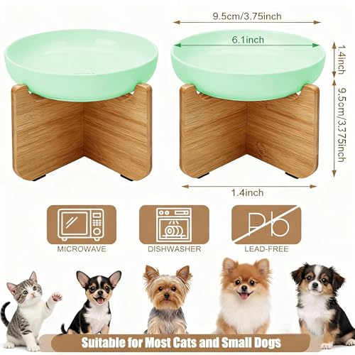 Shallow Elevated Cat Bowls with Bamboo Stand, 6.1 Inch Wide Ceramic Cat Dish Whisker Friendly, 2 Pack Pet Food and Water Plates - color: Mint green 2 pack