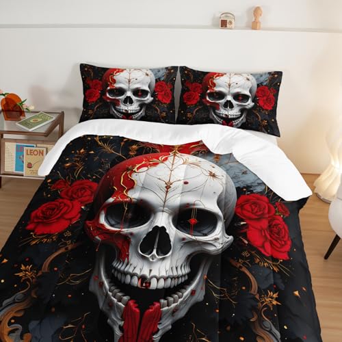 HOSIMA Death Skull Queen Bedding Sets for Boys,Symmetrical Skull Surrounded by Red Roses Print Gothic Comforter Set,Horror Themed Halloween Comforter for Teens Girls Room Decor with 2 Pillowcases. - color: Black-white, size: Queen