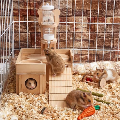 Hamster Cage Accessories, 4 Pcs Wooden Dwarf Hamster Hideout House with Ladder Platform, Feeding Bowl, Water Bottle with Holder Stand for Gerbil Rat Mice Small Animal Habitat Decor