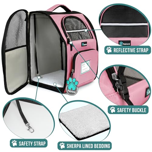 PetAmi Dog Backpack Carrier Airline Approved Cat Pet Puppy Bag, Pink | Ideal for Small Medium Large Pet up to 18 lb, 2 Side Entry Structured No-Collapse Frame, Ventilated Bookbag for Hiking Travel - color: Pink