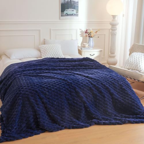 XeGe Luxury Bubble Fluffy Faux Rabbit Fur Bed Blanket King Size, Navy Blue | 104"x90", Double-Sided, Hypoallergenic, No-Shed, Washable, Warm Furry Blanket for Master Bedroom, Couples & Family Snuggling - color: Navy Blue, size: King (104" X 90")