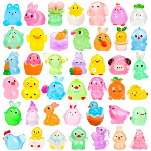 56 Pcs Easter Luminous Mini Resin Figurines 56 Style Glow in The Dark Little Small Resin Miniatures to Hide Bulk Bunny Chick Figures for Easter Party Favors Egg Fillers Micro Garden Landscape Decor - style: 56Pcs-Luminous Easter