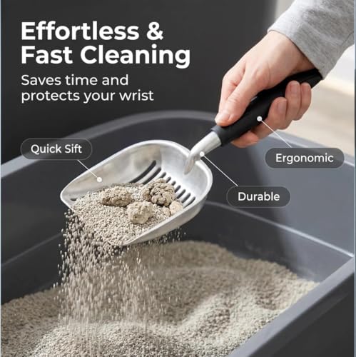 Full Metal Cat Litter Scoop with Holder, Stainless Steel Cat Litter Scooper Holder, Stainless-Steel Kitty Scoop Captures All Clumps, Heavy Duty Kitty Metal Scooper with Non-Slip Handle - color: Gray