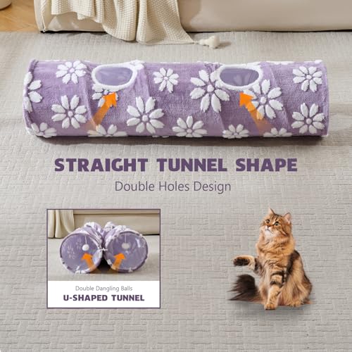Straight Cat Tunnel for Indoor Cats 47"x12", Purple Flower | Cute Cat Toys, Collapsible Tunnel Tube with Hanging Balls for Puppy Kitten Rabbit - color: Purple Flower, size: Straight