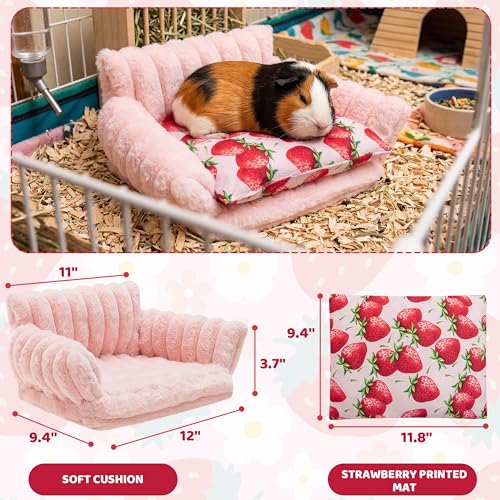 Guinea Pig Bed, Washable Fleece Pink Small Pet Cage Accessories | Strawberry Cozy Small Animal Sofa Couch for Guinea Pig, Bunny, Chinchilla, Hamster, Ferret, Hedgehog