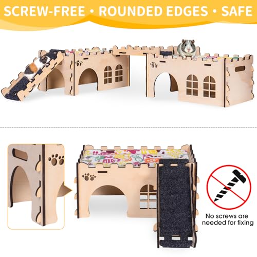 2-Story Guinea Pig Hideout Castle, Easy Assemble Thick Wood with Ramp | Large 2-Story Castle | 7mm Thick Pine Wood (40% Thicker) | Full Round Corner | Freely Mountable Ramp, Modular & Washable Pad