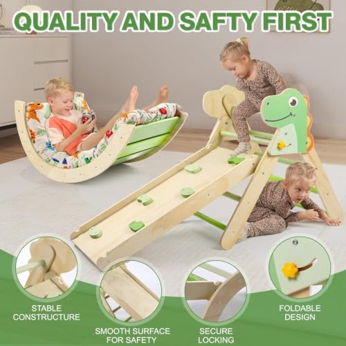 Pikler Triangle Set with Cushion, 7 in 1 Toddler Climbing Toys Indoor | Foldable Space-saving Design, Montessori-inspired Learning, Reversible Slide & Ramp, ASTM F963 Standards for Toddlers 18M-5Y - color: Dinosaur
