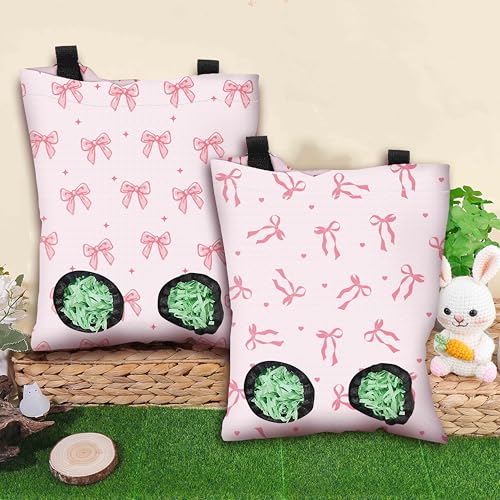 2Pcs 2 Styles Small Pet Hanging Hay Bag Pink Hay Feeder Bag with 2 Holes Bowknot Pattern Cloth Washable Rectangle Feeding Storage for Rabbit Chinchillas Hamsters Guinea Pigs 12 x 9 Inch - color: Bowknot