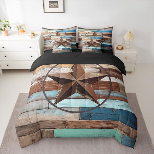 Erosebridal Texas Star 7 Piece Comforter Set Twin Bed in A Bag Retro Western Bedding Set for Kids Boys Girls Southwest Wooden Board Quilt Country Cabin Lodge Decor Sheet Set with Comforter - color: Brown Blue Green, size: Twin