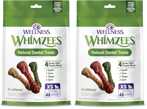Wellness Whimzees Brushzees Natural Dog Dental Treat, VOHC Accepted Chews, Freshens Breath, Extra-Small Size, 12.7 oz Bag, 48 Count (Pack of 2) - size: 48 Count (Pack of 2)