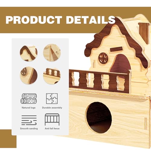 Wooden Hamster Platform and Dwarf Hamster House,Cute Syrian Hamster Tiny House Hideout,Large Balcony Lookout Holes,for Dwarf Gerbils and Mouse Mice Rat Other Small Animals(E) - color: BrownF