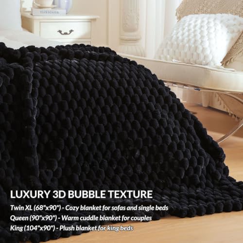 XeGe Luxury Bubble Fluffy Faux Rabbit Fur Bed Blanket King Size, Black | 104"x90", Double-Sided, Hypoallergenic, No-Shed, Washable, Warm Furry Blanket for Master Bedroom, Couples & Family Snuggling - color: Black, size: King (104" X 90")
