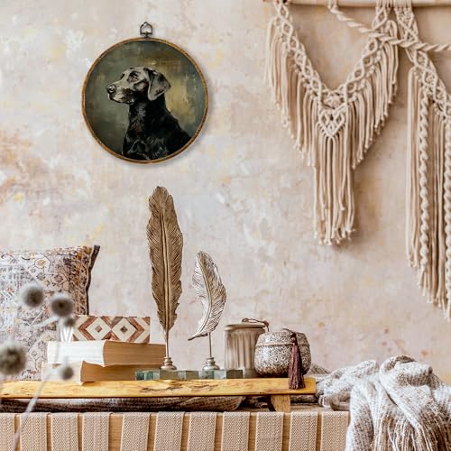 shiviody Vintage Black Labrador Retriever Canvas Wall Art Decor, Black Lab Gifts, Moody Dark Academia Farmhouse Dog Round Hanging Frame Prints Decorations for Home Bedroom Living Room 10"x10" - color: Animals-37