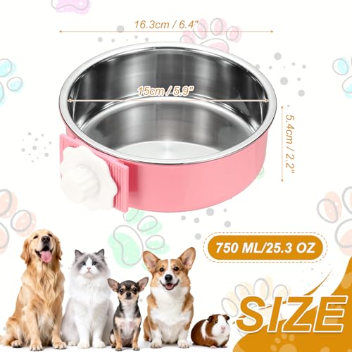 Crate Dog Bowl, Removable Stainless Steel Pet Cage Hanging Anti-Overturn Food Water Feeder Cage Cup (Round, Pink, 25.3oz), Intended for Puppies/Cat/Rabbit/Bird - color: Pink, size: 6.4"(25.3oz)