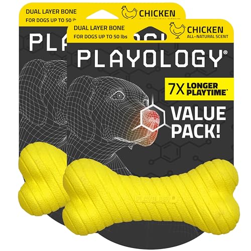 Playology Dual Layer Bone Dog Chew Toy - Medium, Chicken Scent, 2-Pk | Rubber Construction, All Natural Scent, Heavy Duty Design - size: Medium (VALUE 2-Pack), style: Chicken