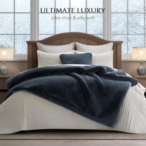 EVERGRACEHOME Faux Chinchilla Fur Throw Blanket, 50"x60", Stormy Blue Mink | Luxury, Super Soft, 1220GSM, Fluffy Cozy Mink, Reversible Velvet Back, Warm Thick Heavy Winter Throw for Couch Bed, Gift - color: Stormy Blue Mink, size: 50"x60"