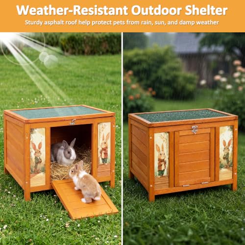 24" Outdoor Rabbit Hutch and Small Cat House for Small Animals | Openable waterproof roof, raised floor, lockable fold-down ramp door, sheltered resting area for guinea pigs, chicks and pets