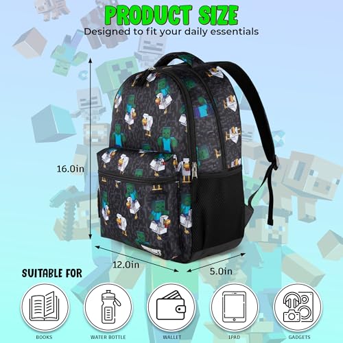 AI ACCESSORY INNOVATIONS Minecraft Chicken Jockey Boys & Girls Backpack, 16” Bookbag w/Molded Chicken Rubber Dangle - color: Minecraft Chicken Jockey Boy