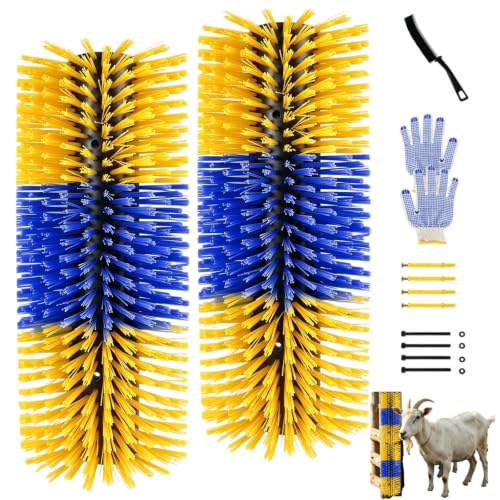 2PCS Horse Scratcher Goat Brush Post, Livestock Scratching Brushes | Stiff Bristle, Itch Relief, Self-grooming, Full Massage, Livestock Scratch Brushes w/Durable Screws Cleaning Tool and Gloves - color: Yellow
