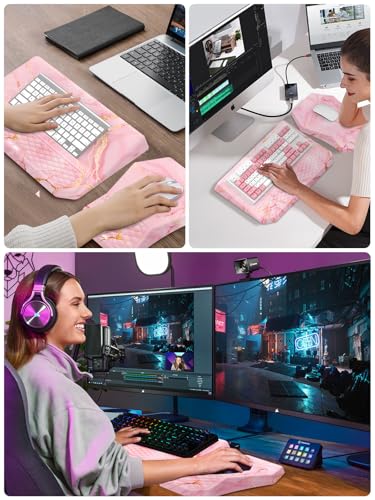 3-in-1 Ergonomic Keyboard Stand with Wrist Rest & Mouse Pad Set,Pink Marble | Comfy Keyboard Riser Holder Soft Mousepad with Massage Design, Memory Foam and Non-Slip PU Base for Pain Relief - color: Pink Marble