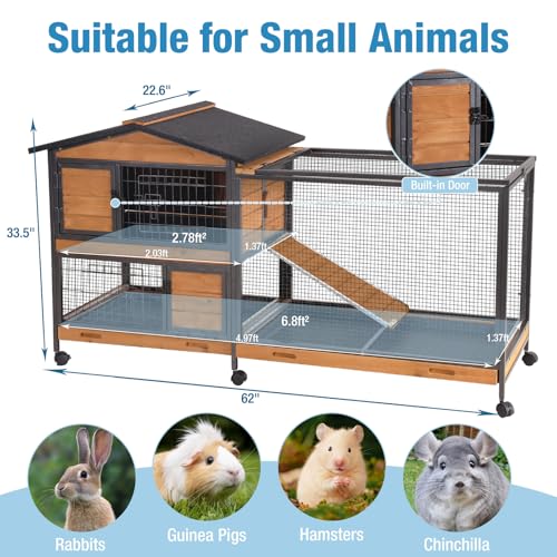 Rabbit Hutch Indoor, 62’’ Bunny Hutch Outdoor with All-Around Metal Frame, Mobile Rabbit House with Wheels, Wooden Bunny Cage with Leakproof Tray, Chew-Proof Ramp for Guinea Pig(Orange) - color: Orange