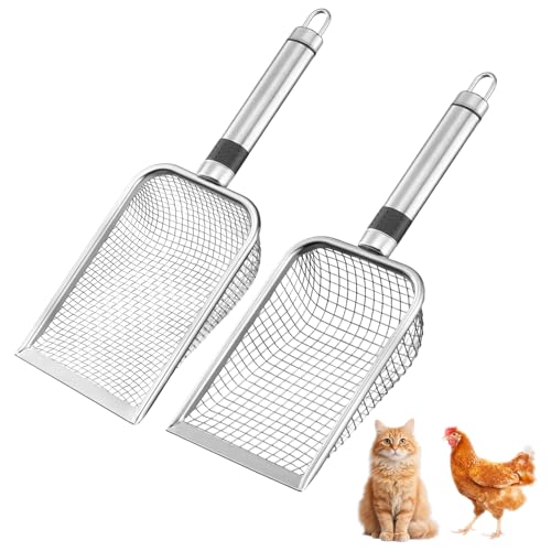 2 Pack Stainless Steel Metal Chicken Cat Poop Scooper(3.8mm+5.0mm) | Coop Scoop Shovel, Chicken Coop Cleaning Tool, Sifting Rake for Chicken Litter, Ergonomic Handle, Easy to Clean