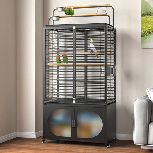 GDLF 72-Inch Parrot Bird Cage with Play Top and Storage Cabinet | Includes a UV-blocking cover, removable cleaning tray, four stainless steel bowls, perches, and lockable rolling casters