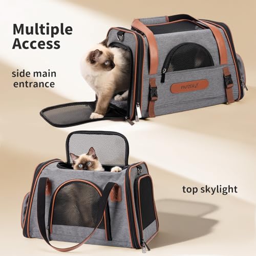 Premium Pet Carrier for Cat, Carry Purse with Head Hole, Seatbelt Buckles | High Qualiy Leather, Medium to Large Cat up to 20lbs, Small Puppy Dog 10lbs Car Travel Crate, Top & Side Load, Luggage Sleeve
