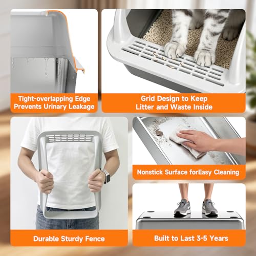 Stainless Steel High-Sided Cat Litter Box with Scoop - Medium | Open top litter pan for indoor cats. Easy to clean design significantly reduces litter scatter.