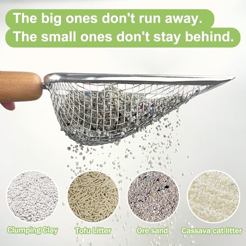 XBX Cat Litter Scoop with Holder – Metal Mesh Litter Scooper, Wooden Handle Fine Litter Scoop with Small Holes for Litter Box, Efficient Sifting and Easy Cleaning